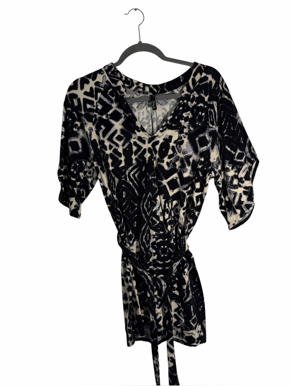 Viereck Abstract Print V-Neck Dress with Tie Belt